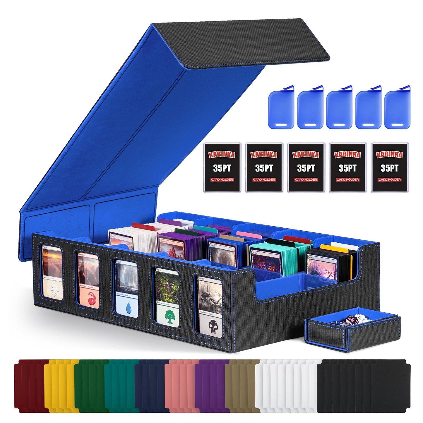 Trading Card Storage Box with Commander Display , 5-Row Deck box with Removable Lid; 3900+ Card Deck Box for MTG TCG Sports Card, 5 Toploaders, 5 Stoppers, 48 Dividers,1 Dice Tray