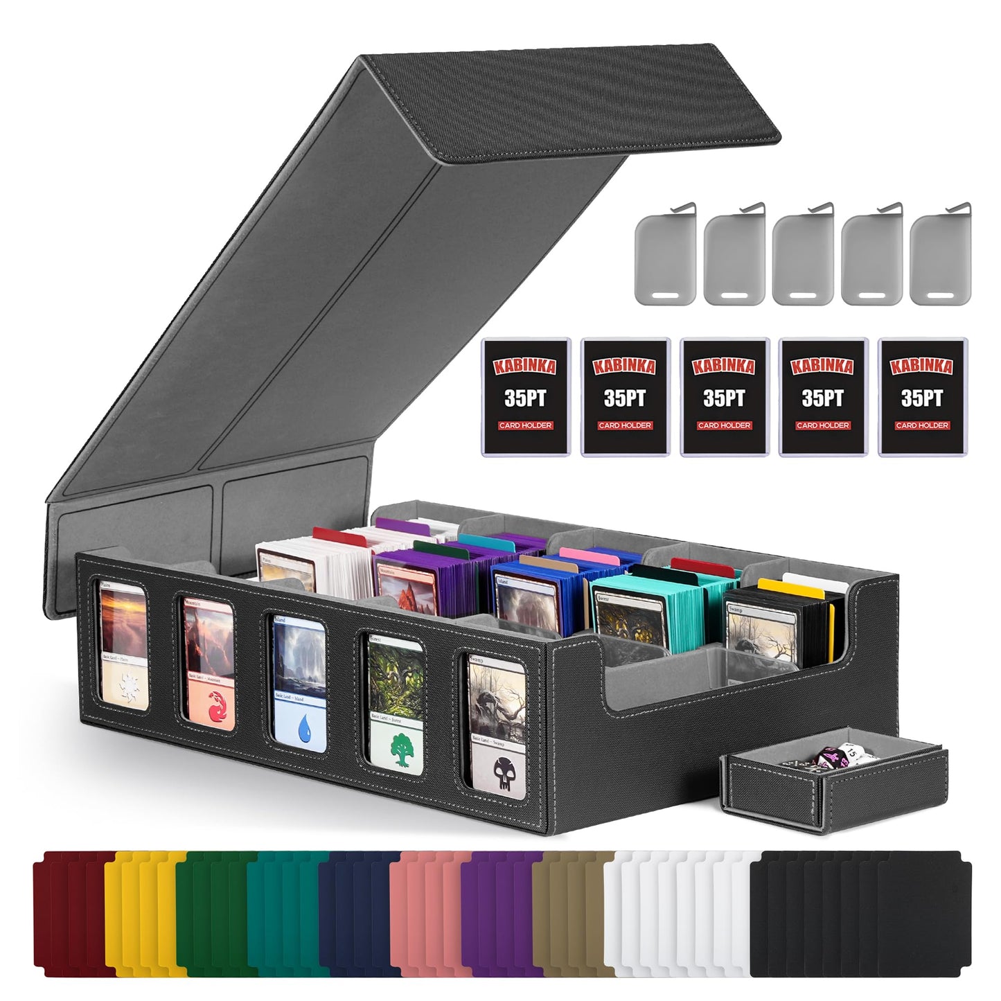 Trading Card Storage Box with Commander Display , 5-Row Deck box with Removable Lid; 3900+ Card Deck Box for MTG TCG Sports Card, 5 Toploaders, 5 Stoppers, 48 Dividers,1 Dice Tray