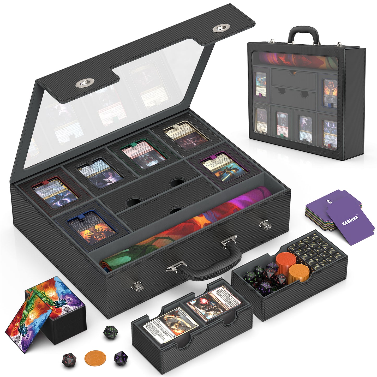 Kabinka MTG Commander Deck Box, Modular 9-in-1 with Dice Tray & Sideboard Box, 6-Deck Case, Includes 6 Magnetic Card Holders/100CT Card Sleeves/Playmat