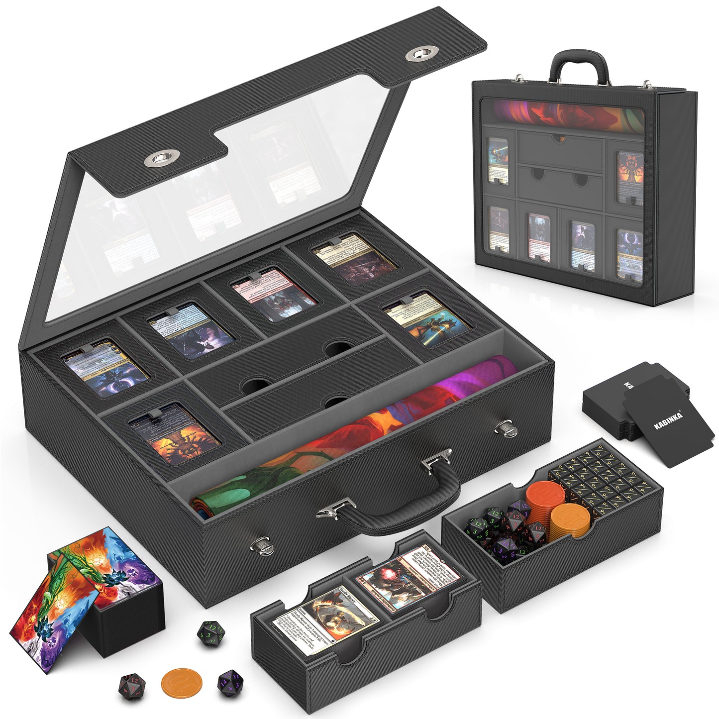 Kabinka MTG Commander Deck Box, Modular 9-in-1 with Dice Tray & Sideboard Box, 6-Deck Case, Includes 6 Magnetic Card Holders/100CT Card Sleeves/Playmat