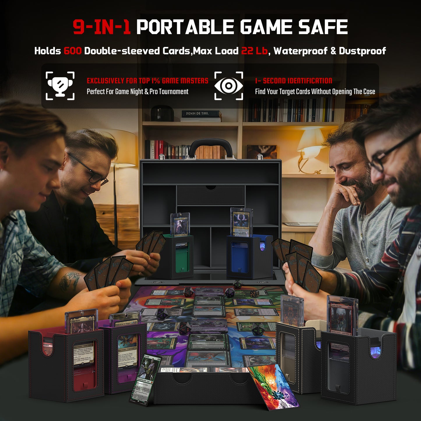 Kabinka MTG Commander Deck Box, Modular 9-in-1 with Dice Tray & Sideboard Box, 6-Deck Case, Includes 6 Magnetic Card Holders/100CT Card Sleeves/Playmat