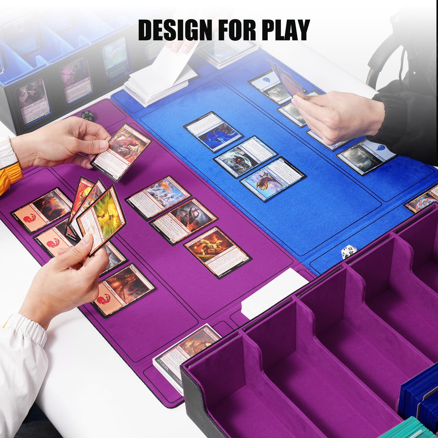 Trading Card Storage Box with Commander Display , 5-Row Deck box with Removable Lid; 3900+ Card Deck Box for MTG TCG Sports Card, 5 Toploaders, 5 Stoppers, 48 Dividers,1 Dice Tray