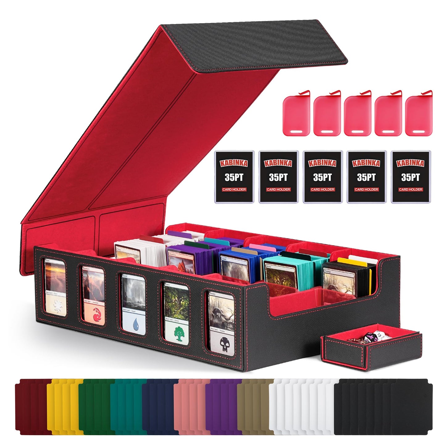 Trading Card Storage Box with Commander Display , 5-Row Deck box with Removable Lid; 3900+ Card Deck Box for MTG TCG Sports Card, 5 Toploaders, 5 Stoppers, 48 Dividers,1 Dice Tray