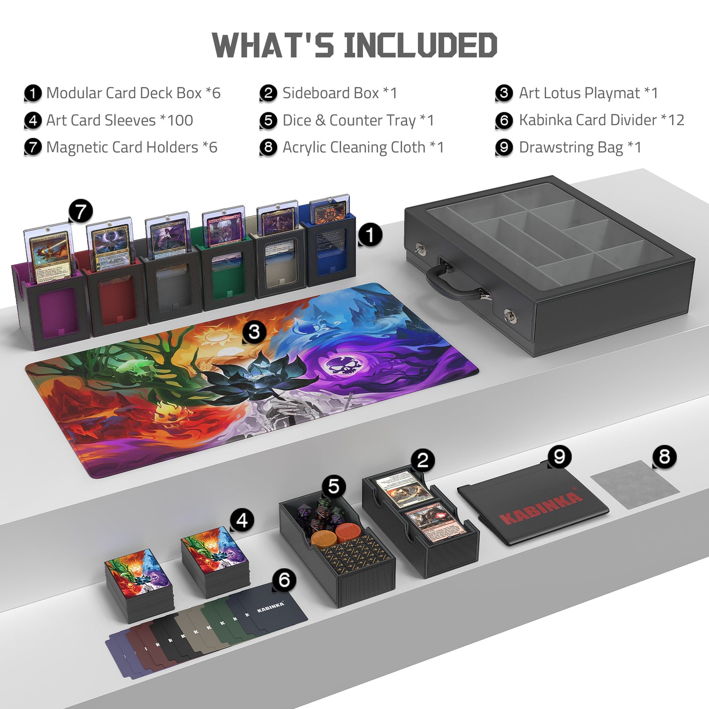Kabinka MTG Commander Deck Box, Modular 9-in-1 with Dice Tray & Sideboard Box, 6-Deck Case, Includes 6 Magnetic Card Holders/100CT Card Sleeves/Playmat
