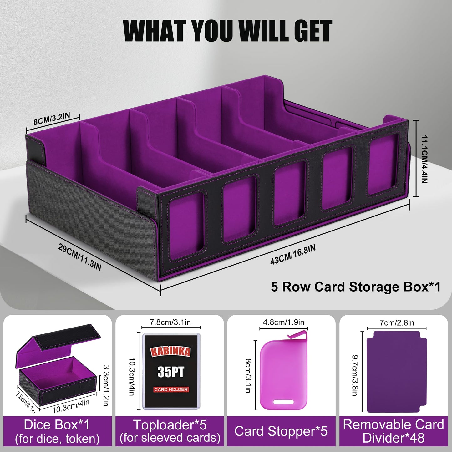 Trading Card Storage Box with Commander Display , 5-Row Deck box with Removable Lid; 3900+ Card Deck Box for MTG TCG Sports Card, 5 Toploaders, 5 Stoppers, 48 Dividers,1 Dice Tray