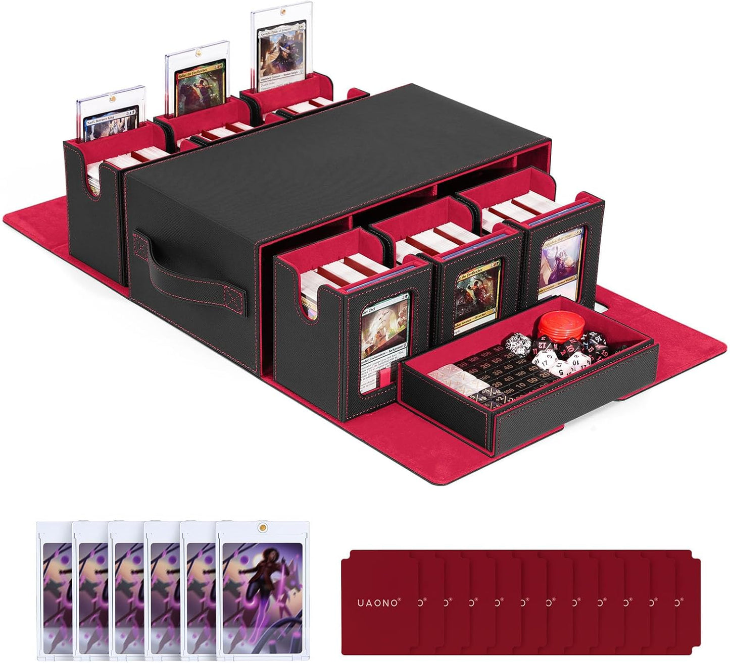 Commander Deck Box for MTG, 6-Deck Modular Card Case with Dice Tray Holds 600+ Double-sleeved Cards, Removable Trading Cards Storage Box with 35PT Magnetic Card Holders for TCG