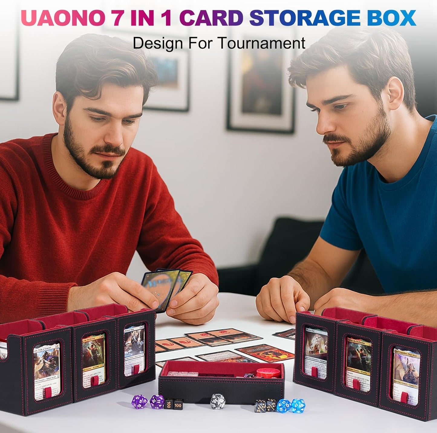 Commander Deck Box for MTG, 6-Deck Modular Card Case with Dice Tray Holds 600+ Double-sleeved Cards, Removable Trading Cards Storage Box with 35PT Magnetic Card Holders for TCG