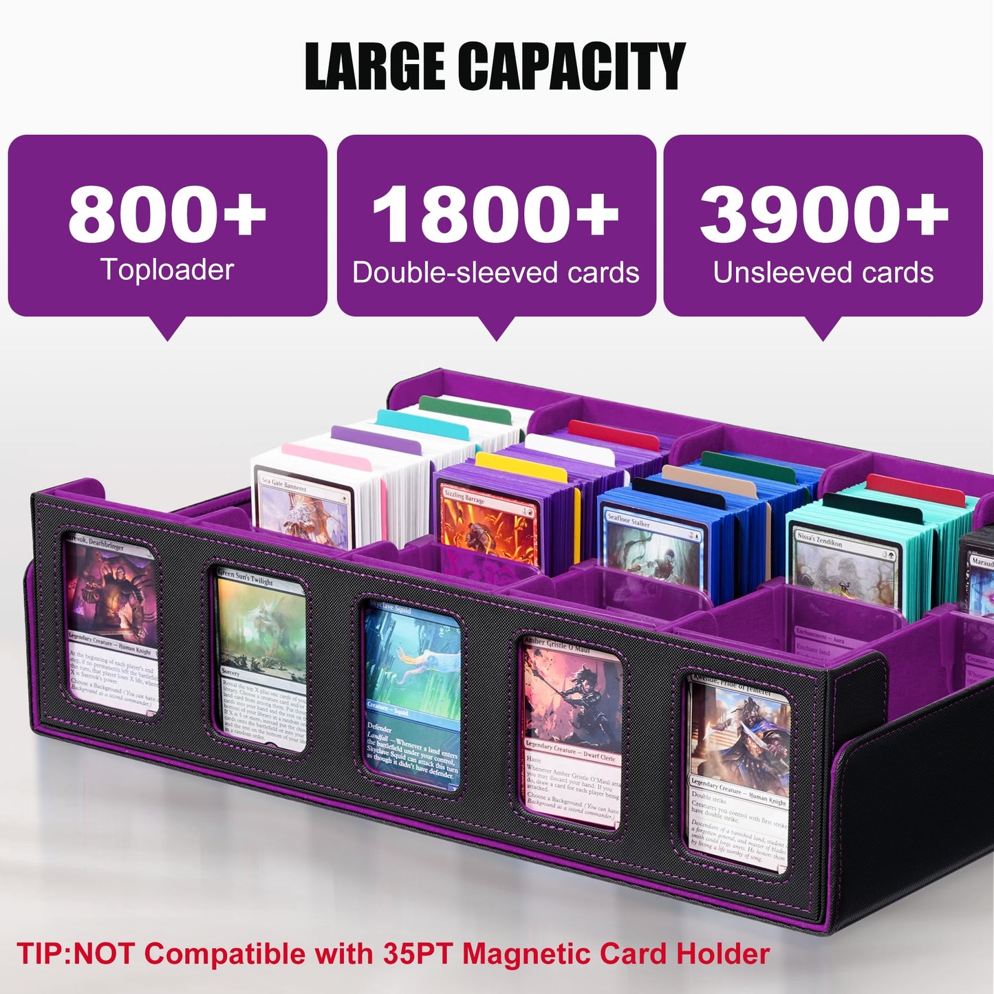 Trading Card Storage Box with Commander Display , 5-Row Deck box with Removable Lid; 3900+ Card Deck Box for MTG TCG Sports Card, 5 Toploaders, 5 Stoppers, 48 Dividers,1 Dice Tray