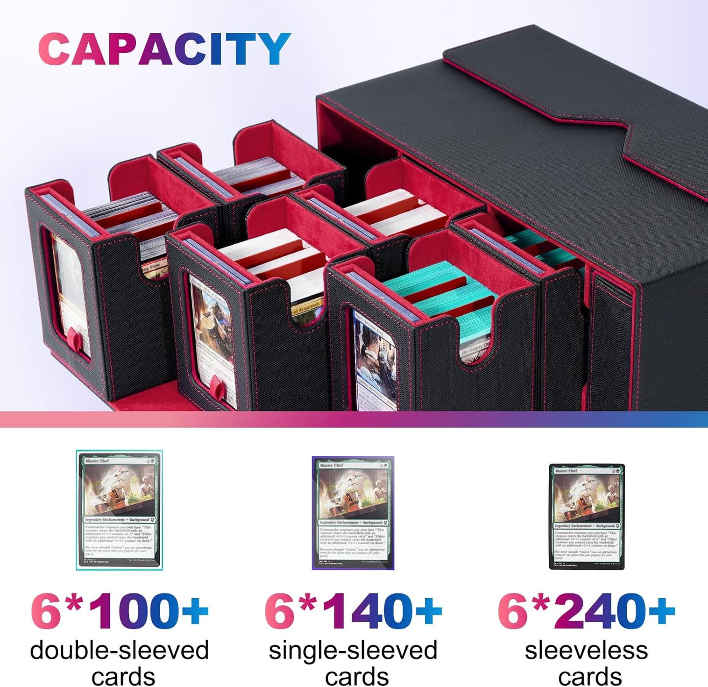Commander Deck Box for MTG, 6-Deck Modular Card Case with Dice Tray Holds 600+ Double-sleeved Cards, Removable Trading Cards Storage Box with 35PT Magnetic Card Holders for TCG