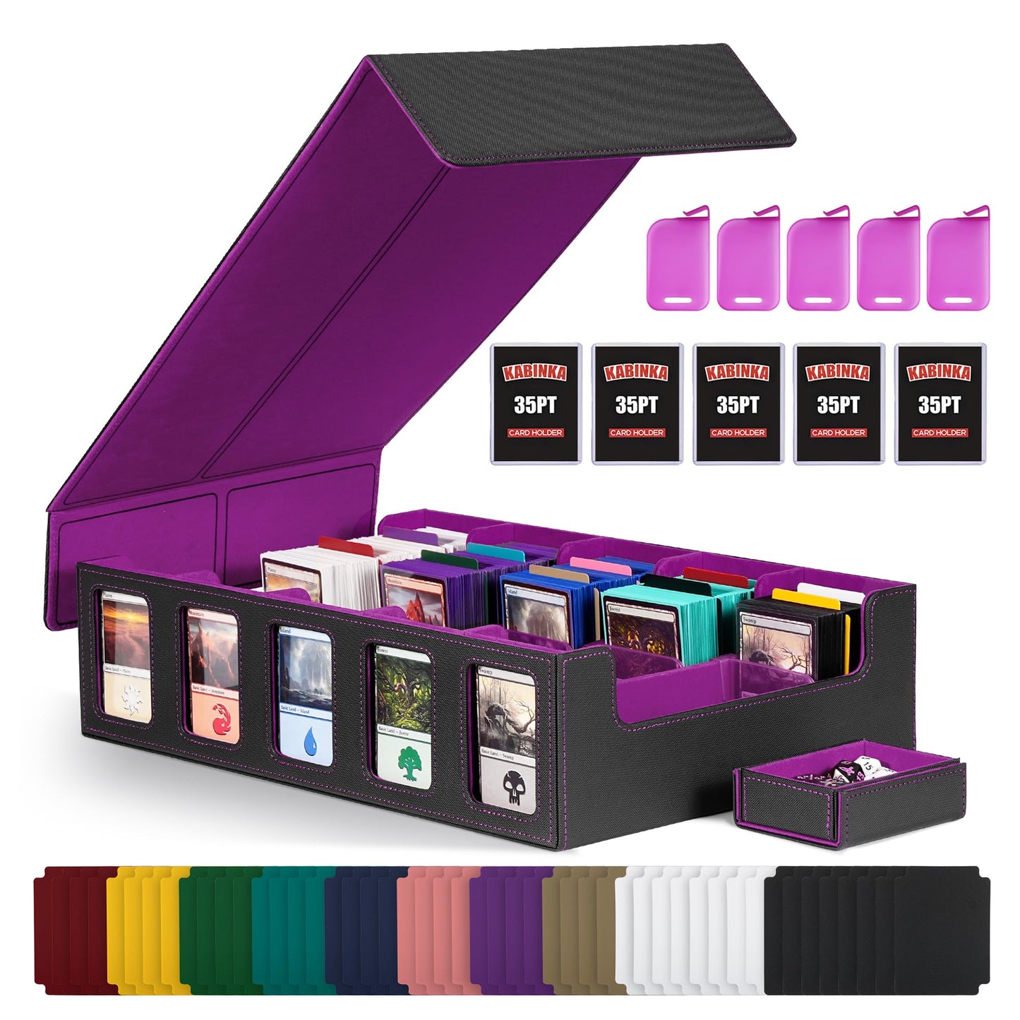 Trading Card Storage Box with Commander Display , 5-Row Deck box with Removable Lid; 3900+ Card Deck Box for MTG TCG Sports Card, 5 Toploaders, 5 Stoppers, 48 Dividers,1 Dice Tray
