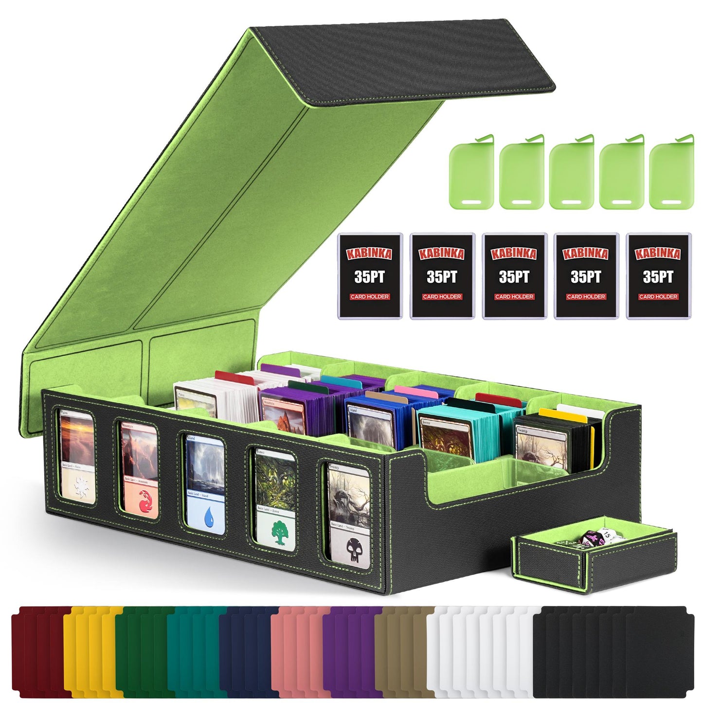 Trading Card Storage Box with Commander Display , 5-Row Deck box with Removable Lid; 3900+ Card Deck Box for MTG TCG Sports Card, 5 Toploaders, 5 Stoppers, 48 Dividers,1 Dice Tray